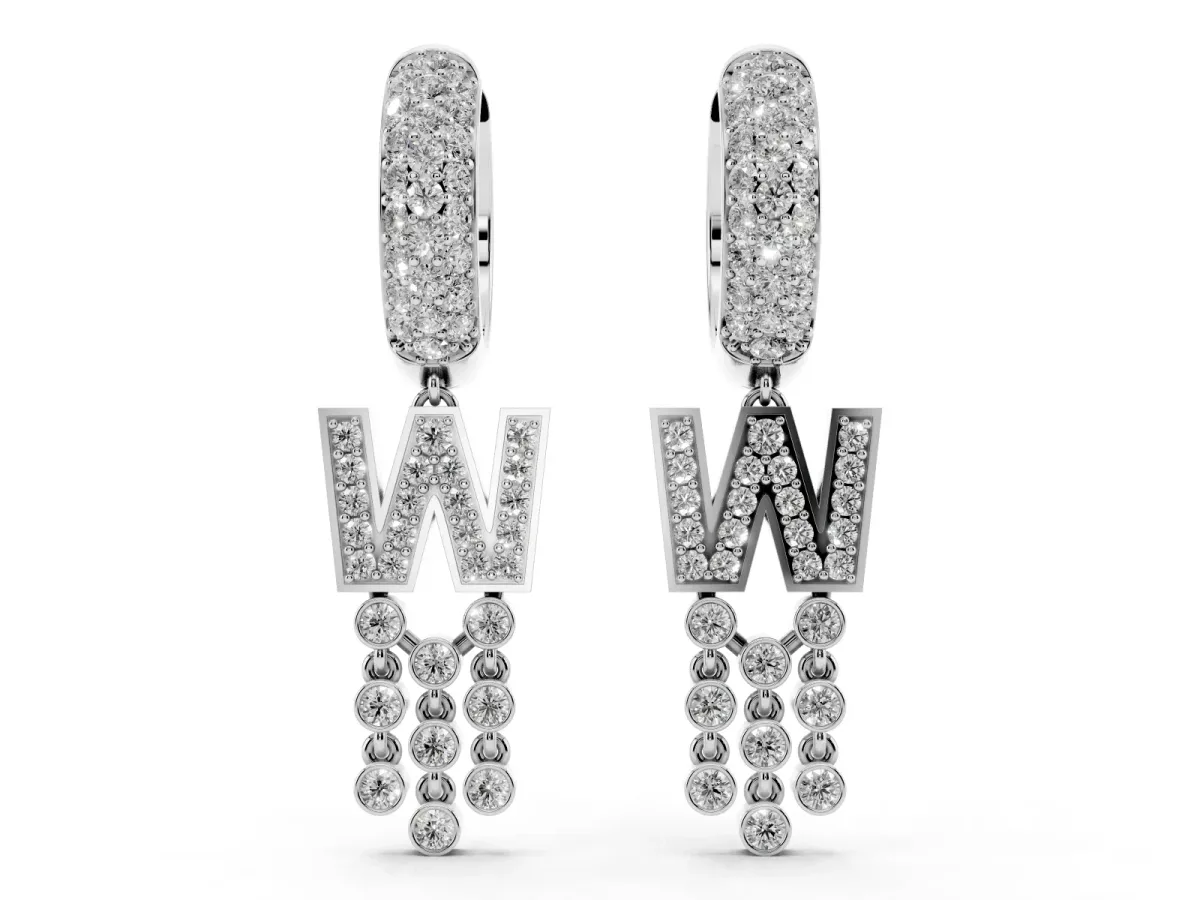 Round Diamond Initial W Huggie Hoop Earrings Silver