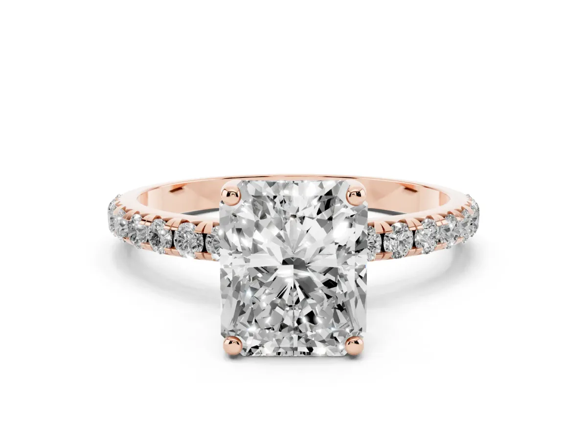 Radiant Cut Cut Diamond Solitaire Ring with Micro Pave Band and Four Prong Setting Rose gold