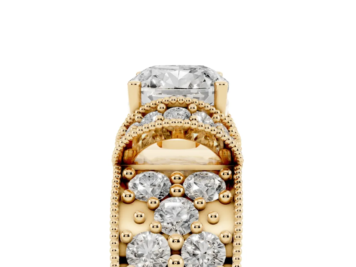 Cushion Cut Halo Pave Diamond Engagement Ring with Milgrain Detailing Yellow gold