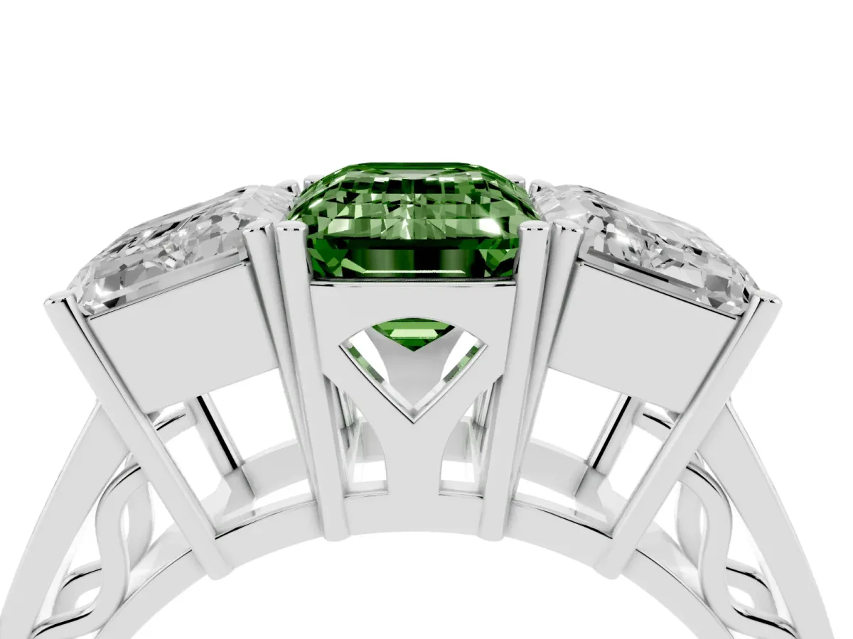 Fancy Green Emerald Cut Diamond Three-Stone Ring with Prong Setting and Textured Band Silver