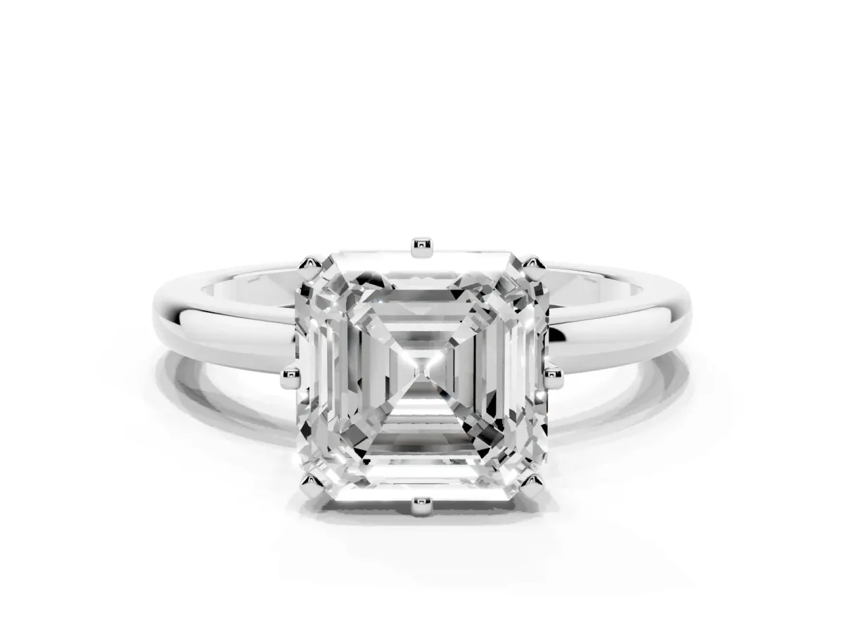 Asscher Cut Solitaire Diamond Ring with Six-Prong Setting on a Classic Band Silver