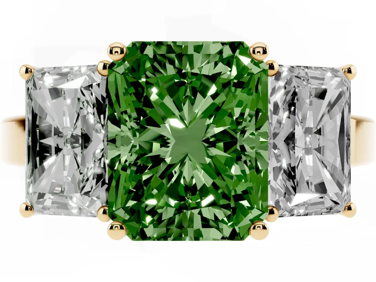 Fancy Green Three-Stone Radiant Cut Cut Diamond Engagement Ring with Flat Band and Four-Prong Setting Yellow gold