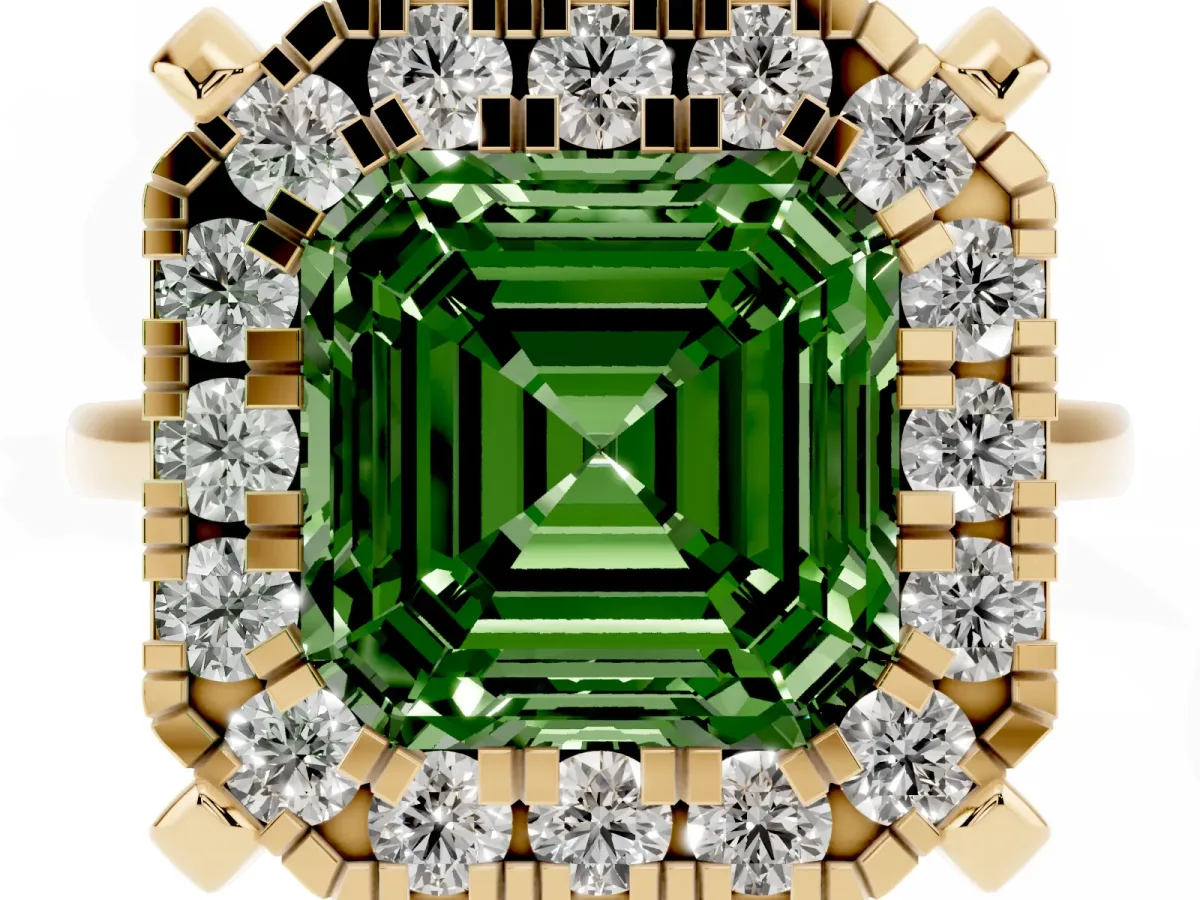 Fancy Green Asscher Cut Diamond Cluster Halo Solitaire with Four-Prong Setting Yellow gold