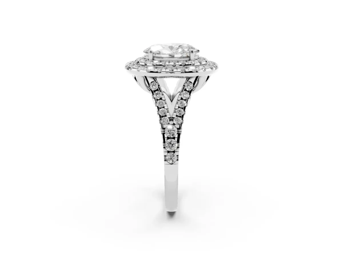 Double Halo Oval Cut Diamond Pavé Split Shank Ring with Prong Setting Silver
