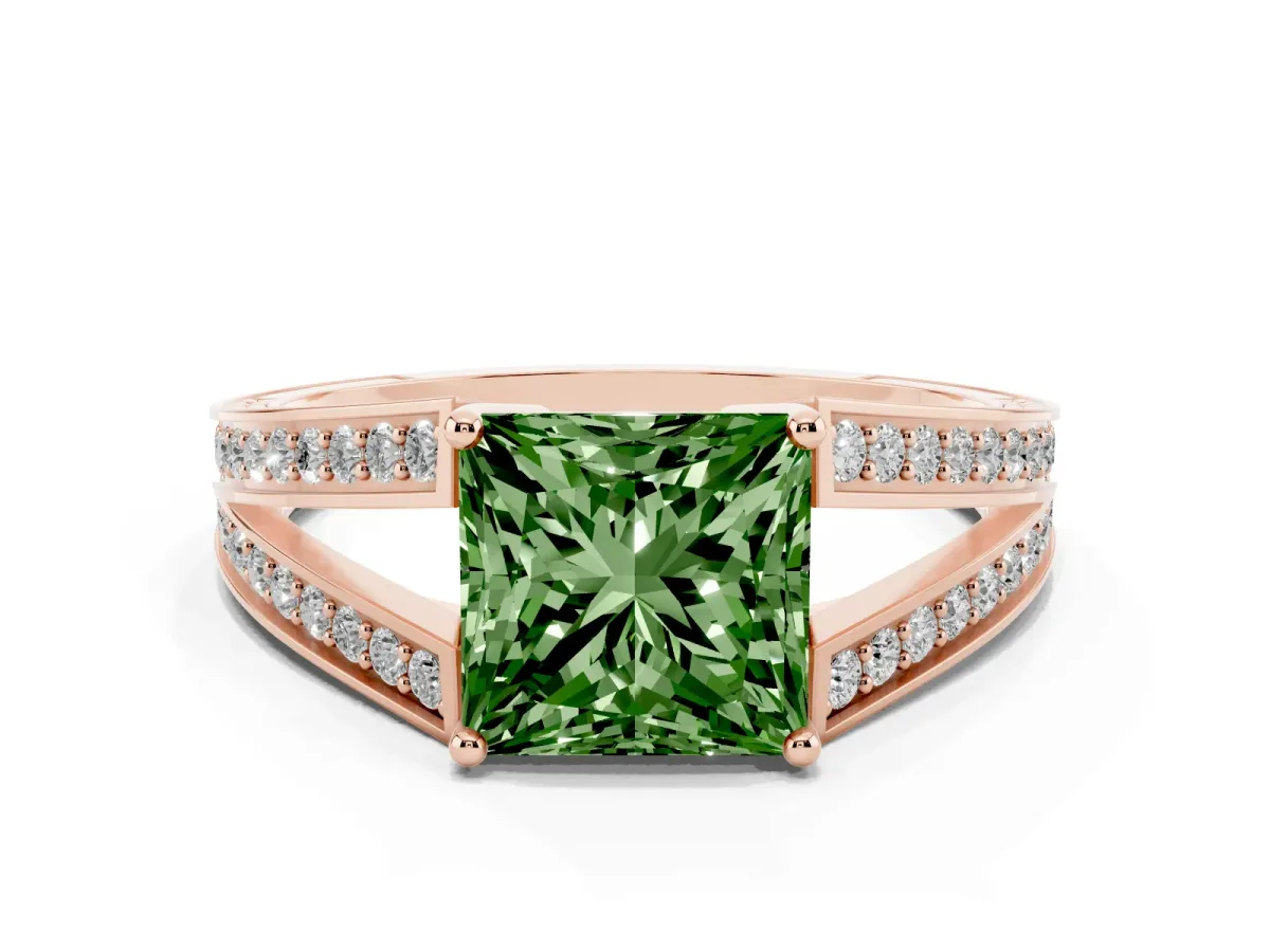 Fancy Green Princess Cut Diamond Split Shank Ring with Pavé Band and Four-Prong Setting Rose gold