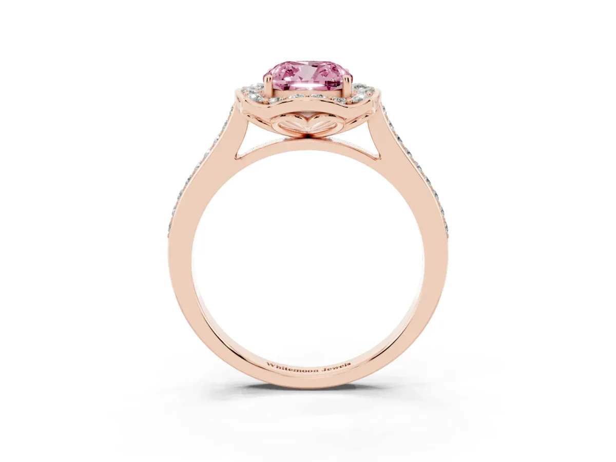 Fancy Pink Cushion Cut Halo Round Diamond Pave Band with Four-Prong Setting Rose gold