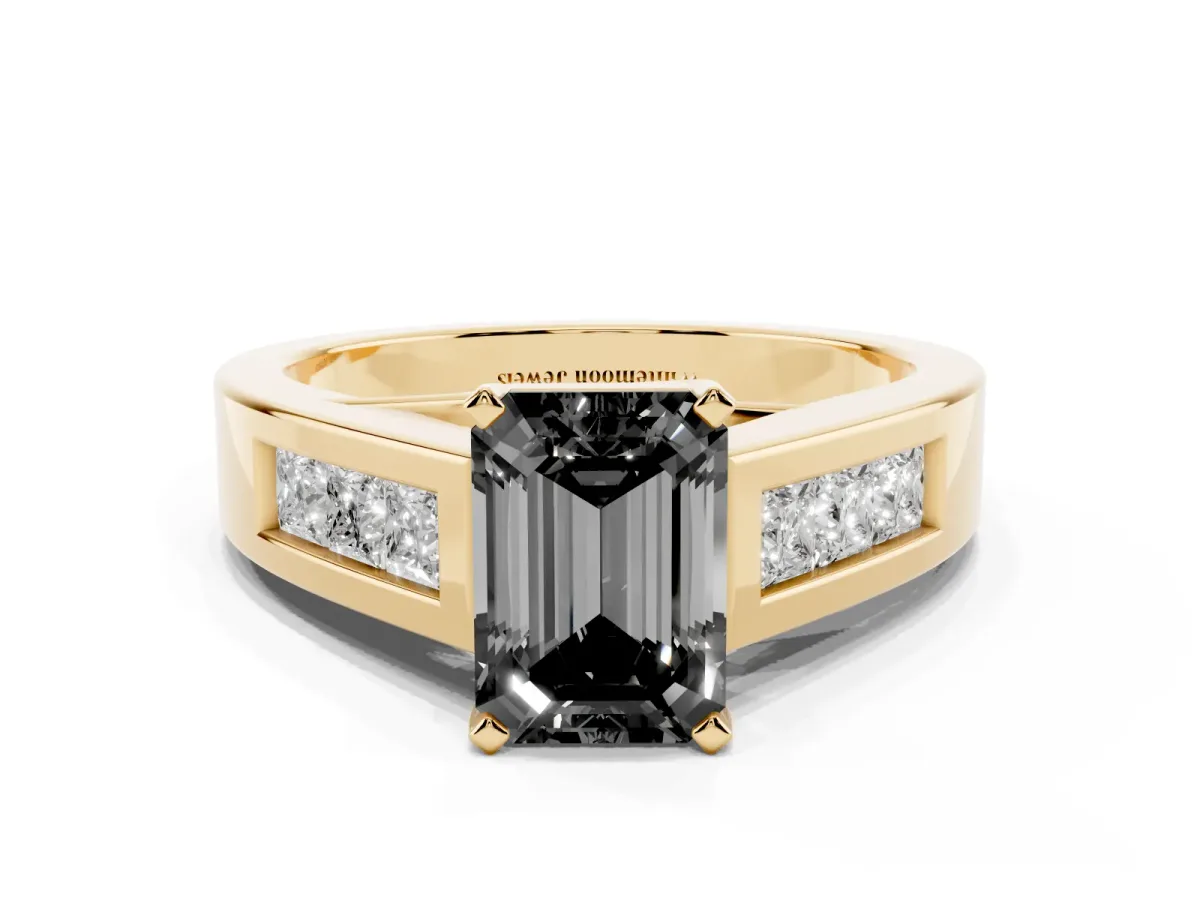Fancy Black Emerald Cut Cut Channel Set Solitaire Ring with Four-Prong Setting Yellow gold
