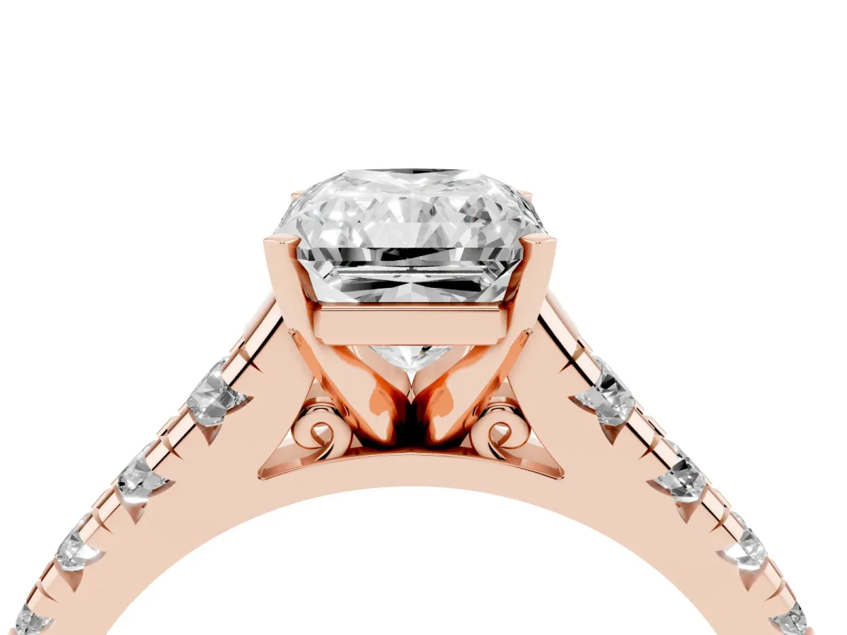 Radiant Cut Diamond Cathedral Solitaire Ring with Round Pavé Band Rose gold