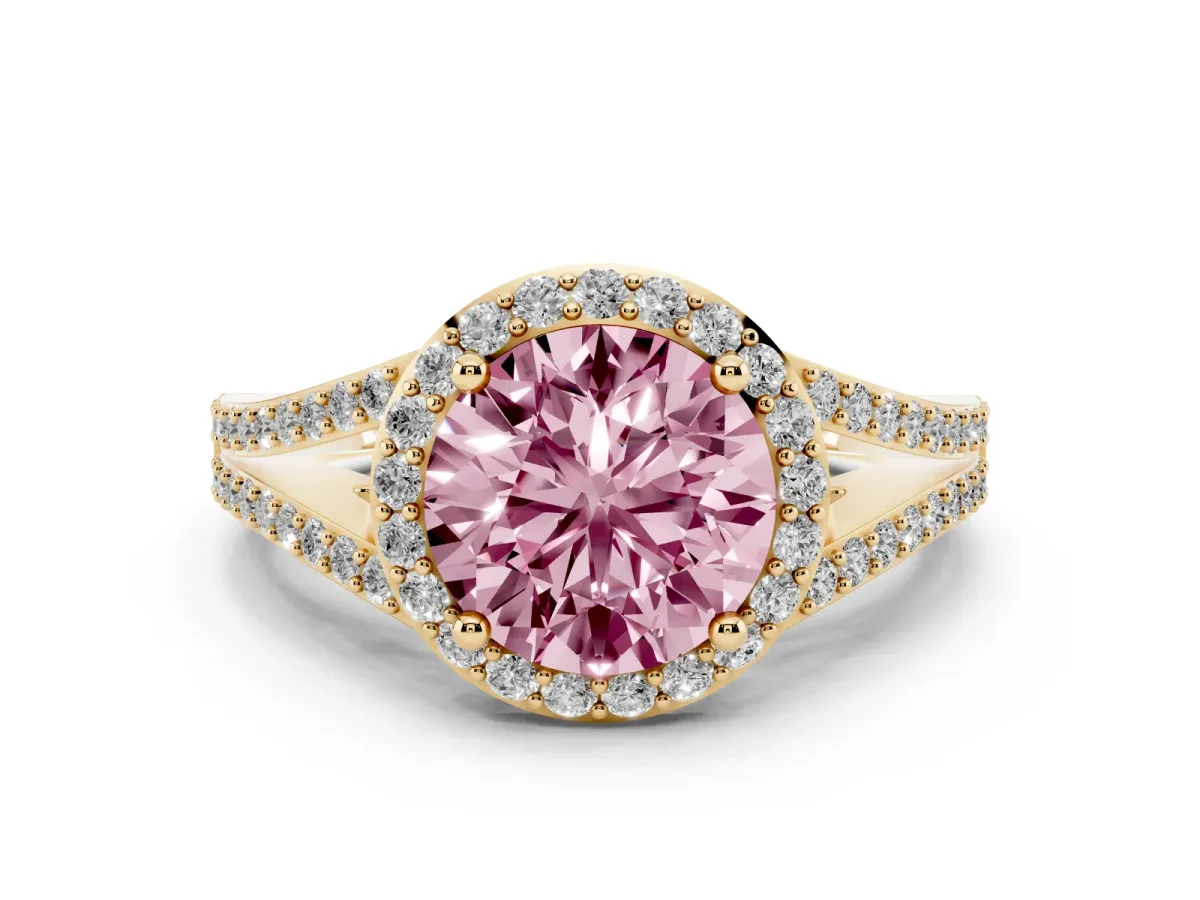 Fancy Pink Round Cut Halo Split Shank Diamond Ring with Prong Setting Yellow gold