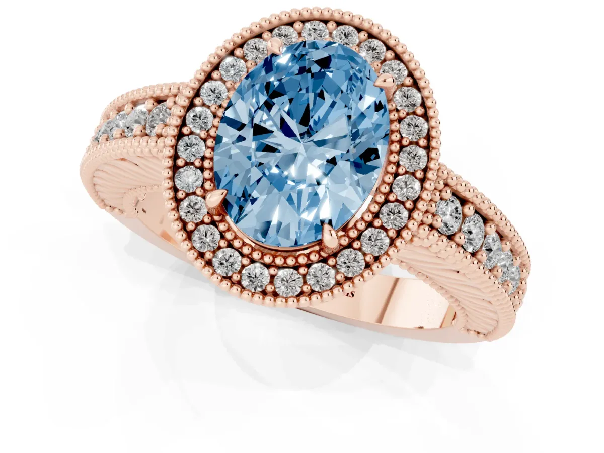 Fancy Blue Oval Cut Cut Halo Diamond Ring with Pavé Band and Four-Prong Setting Rose gold