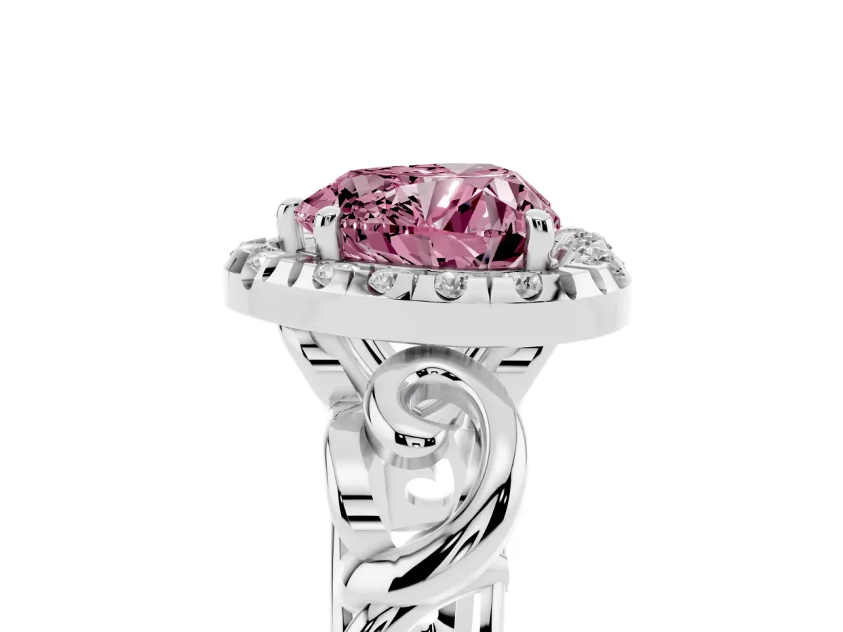 Fancy Pink Heart Cut Cut Halo Diamond Ring with Scrollwork Band and Four-Prong Setting Silver