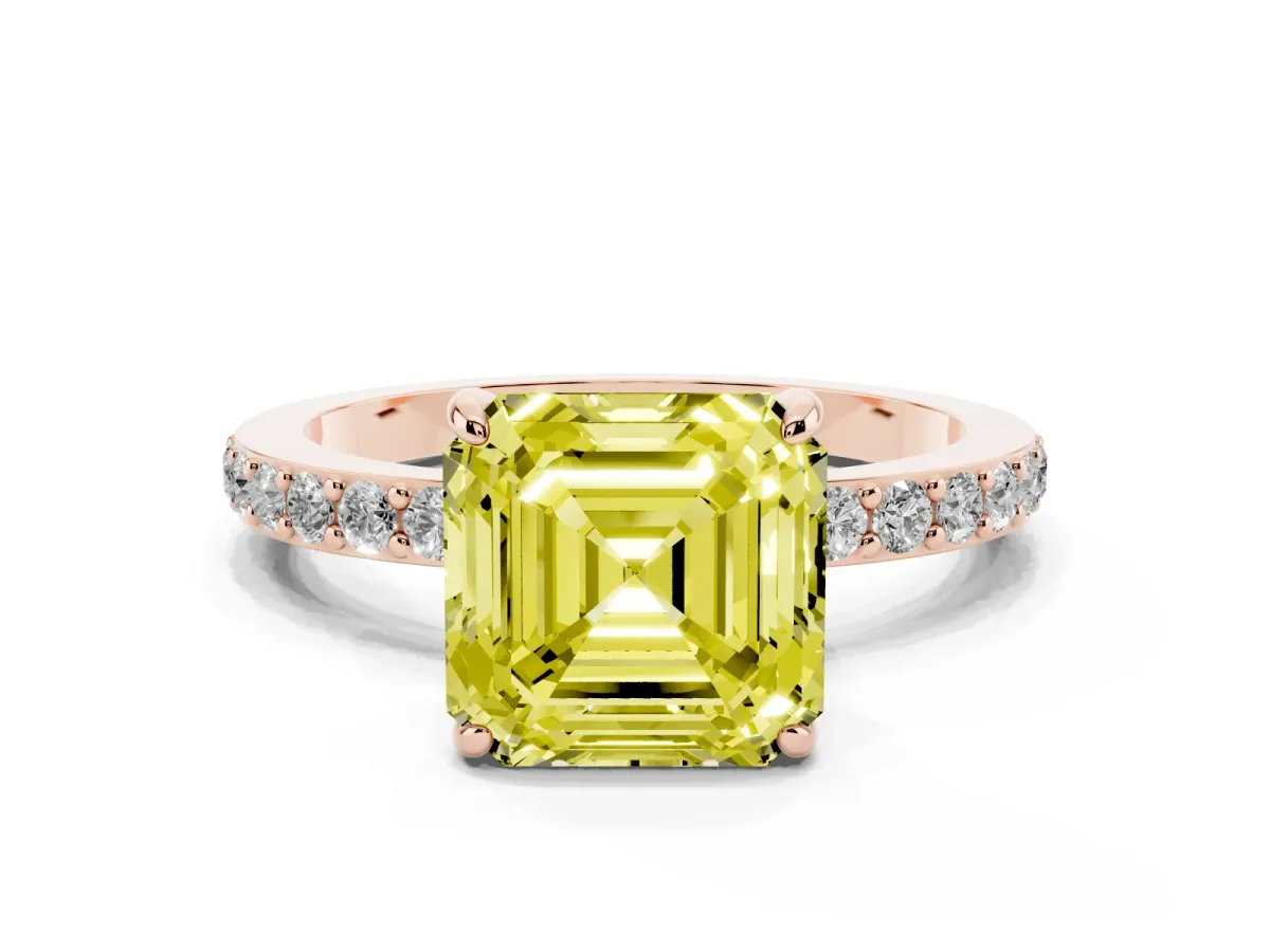 Fancy Yellow Asscher Cut Diamond Pavé Engagement Ring with Round Accents and Prong Setting Rose gold