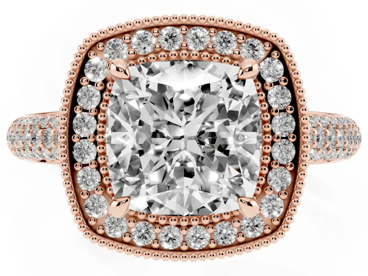 Cushion Cut Cut Halo Diamond Pave Band with Four-Prong Setting Rose gold