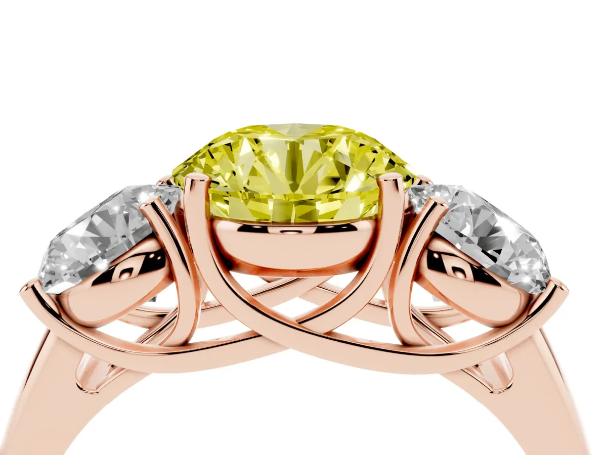 Fancy Yellow Three-Stone Round Cut Diamond Engagement Ring with Prong Setting Rose gold