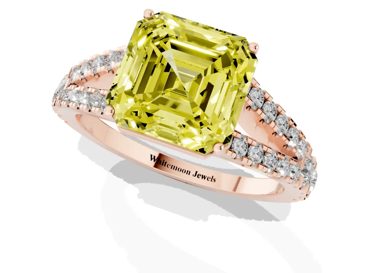Fancy Yellow Asscher Cut Diamond Split Shank Pavé Engagement Ring with Four-Prong Setting Rose gold