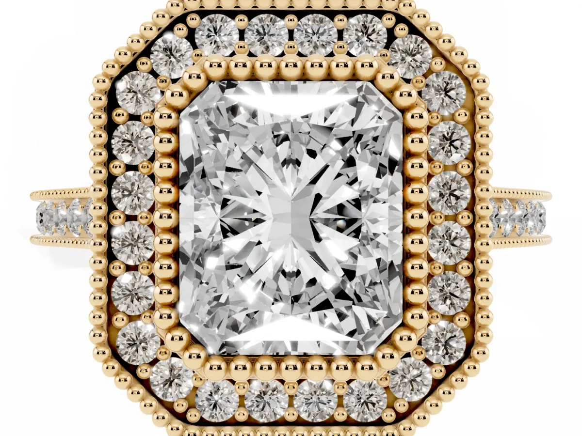 Radiant Cut Diamond Halo Ring with Milgrain Frame and Pavé Band Yellow gold