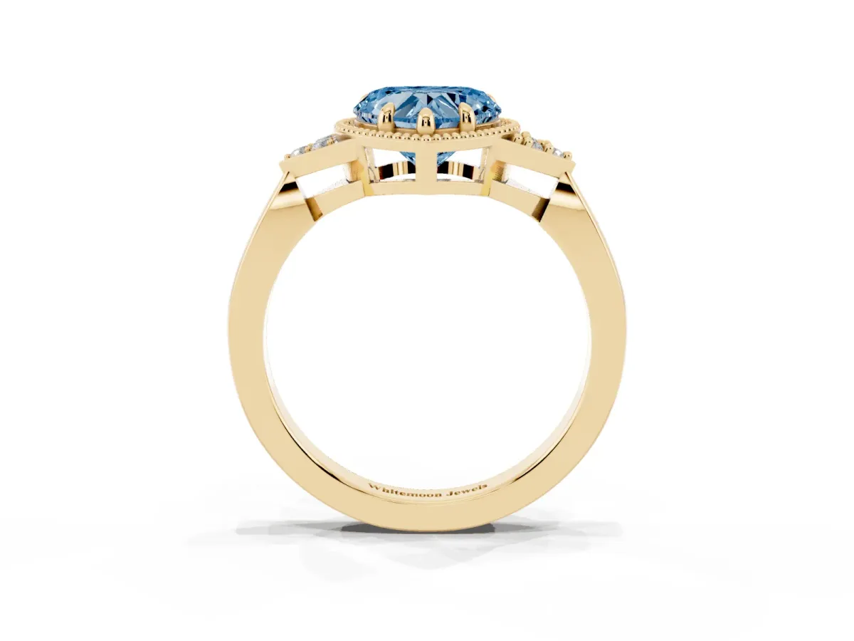 Fancy Blue Milgrain Heart Cut Cut Diamond Ring with Tapered Pave Band and Four Prong Setting Yellow gold