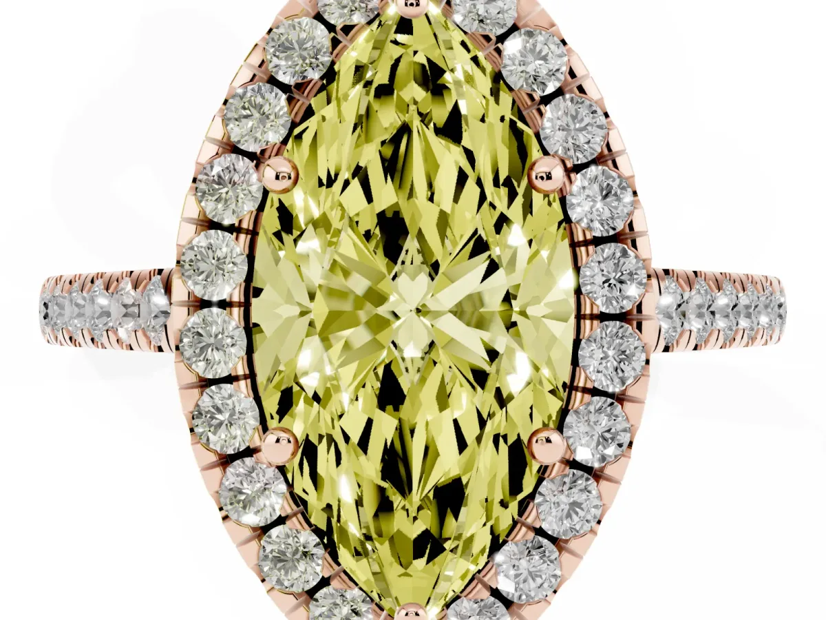 Fancy Yellow Marquise Cut Halo Pavé Diamond Engagement Ring with Four-Prong Setting Rose gold