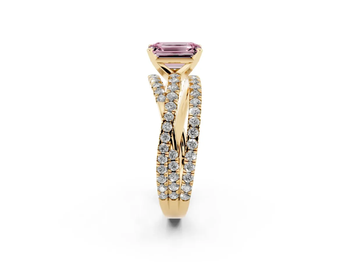 Fancy Pink Emerald Cut Solitaire Twist Band with Pavé Setting and Four-Prong Setting Yellow gold