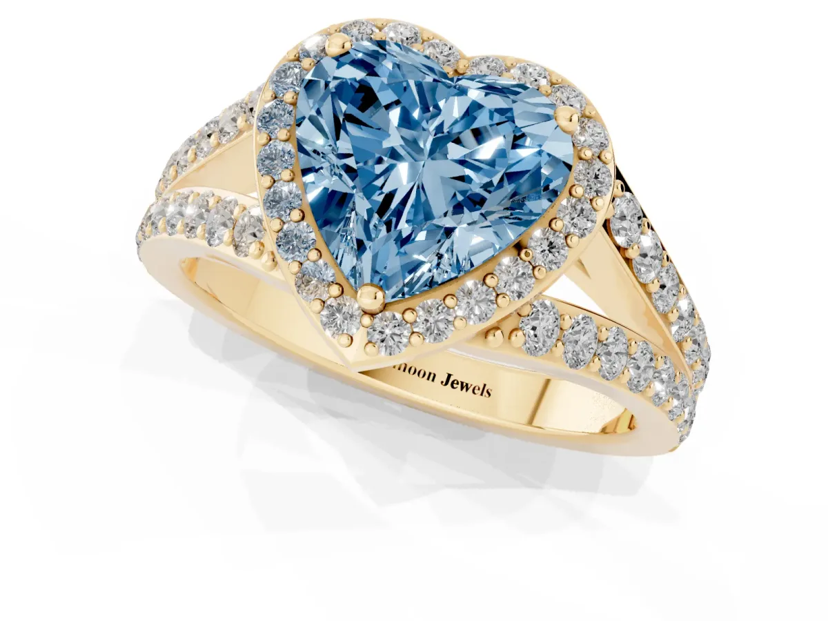 Fancy Blue Heart Cut Diamond Split Shank Halo Ring with Four-Prong Setting Yellow gold