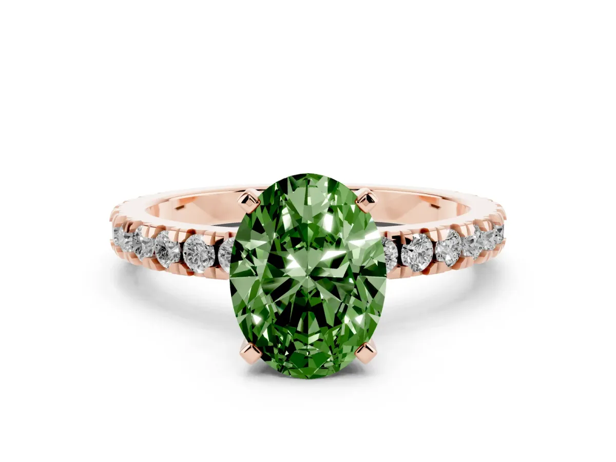 Fancy Green Oval Cut Diamond Pavé Band Solitaire with Four-Prong Setting Rose gold