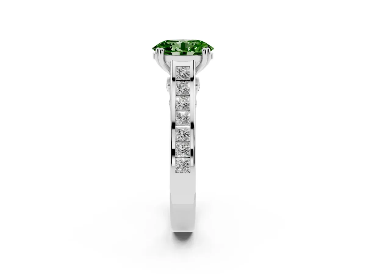 Fancy Green Oval Cut Cut Channel Set Solitaire Engagement Ring with Prong Setting Silver