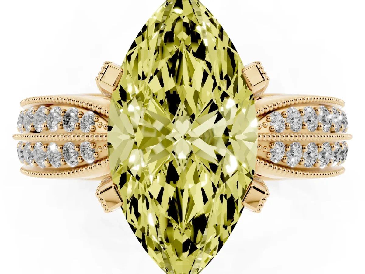 Fancy Yellow Marquise Cut Diamond Solitaire Ring with Milgrain Round Pavé Band and Prong Setting Yellow gold