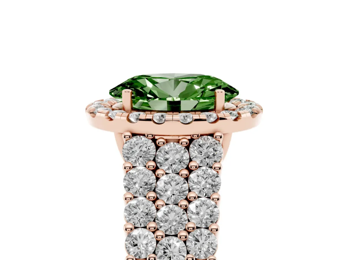 Fancy Green Oval Cut Diamond Halo Engagement Ring with Triple Row Round Pavé Band and Prong Setting Rose gold
