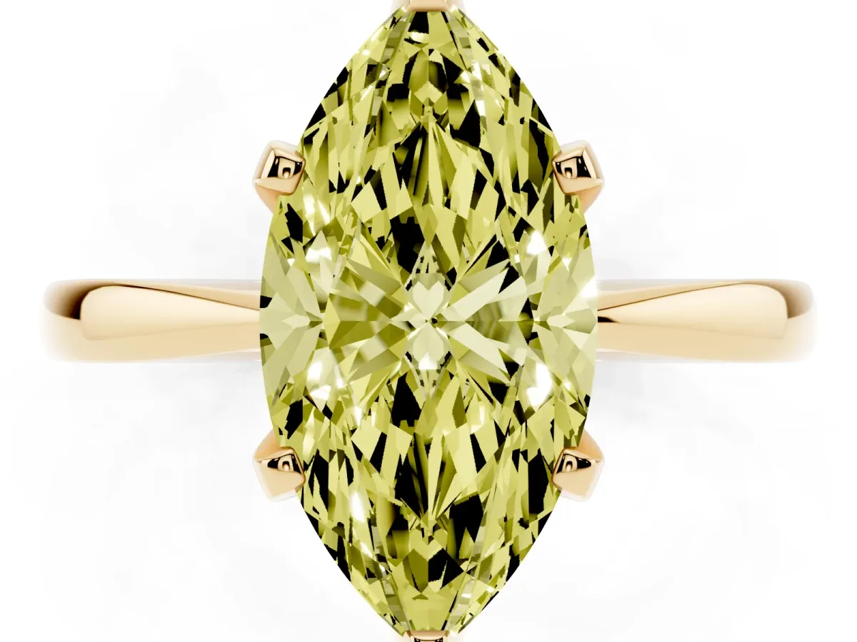 Fancy Yellow Marquise Cut Solitaire Engagement Ring with Six-Prong Setting and Tapered Band Yellow gold