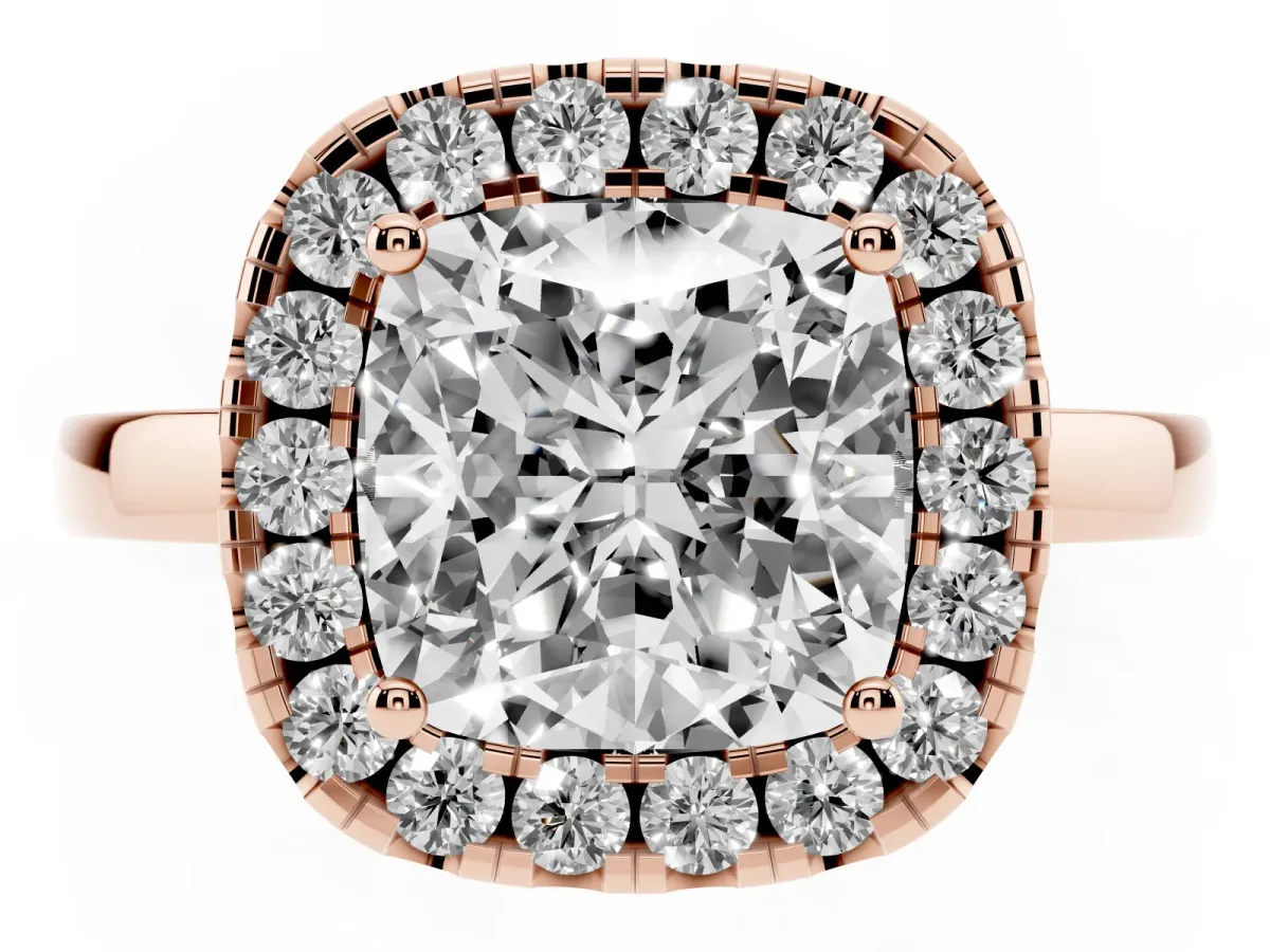 Cushion Cut Halo Diamond Solitaire with Pavé Band and Four-Prong Setting Rose gold