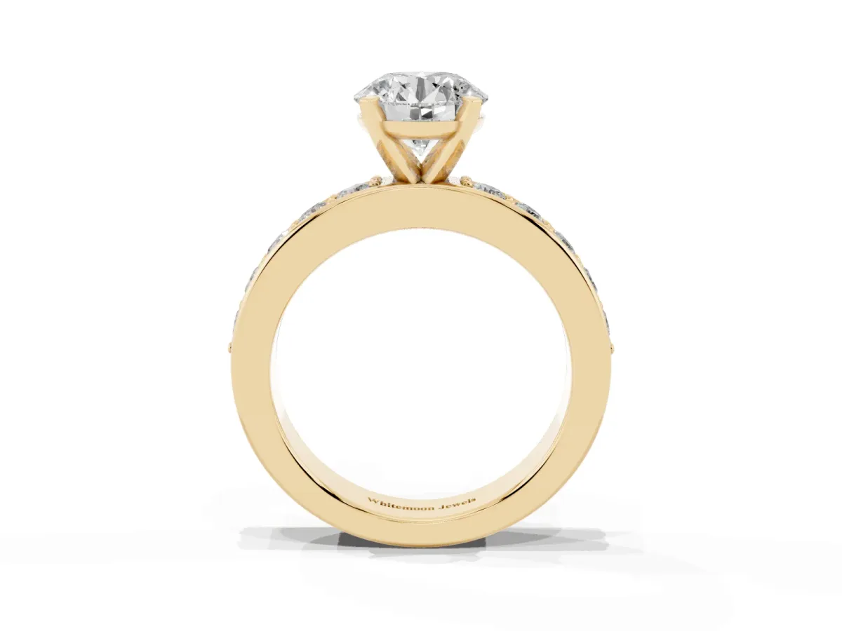 Round Cut Diamond Engagement Ring with Channel Set Round Band and Prong Setting Yellow gold