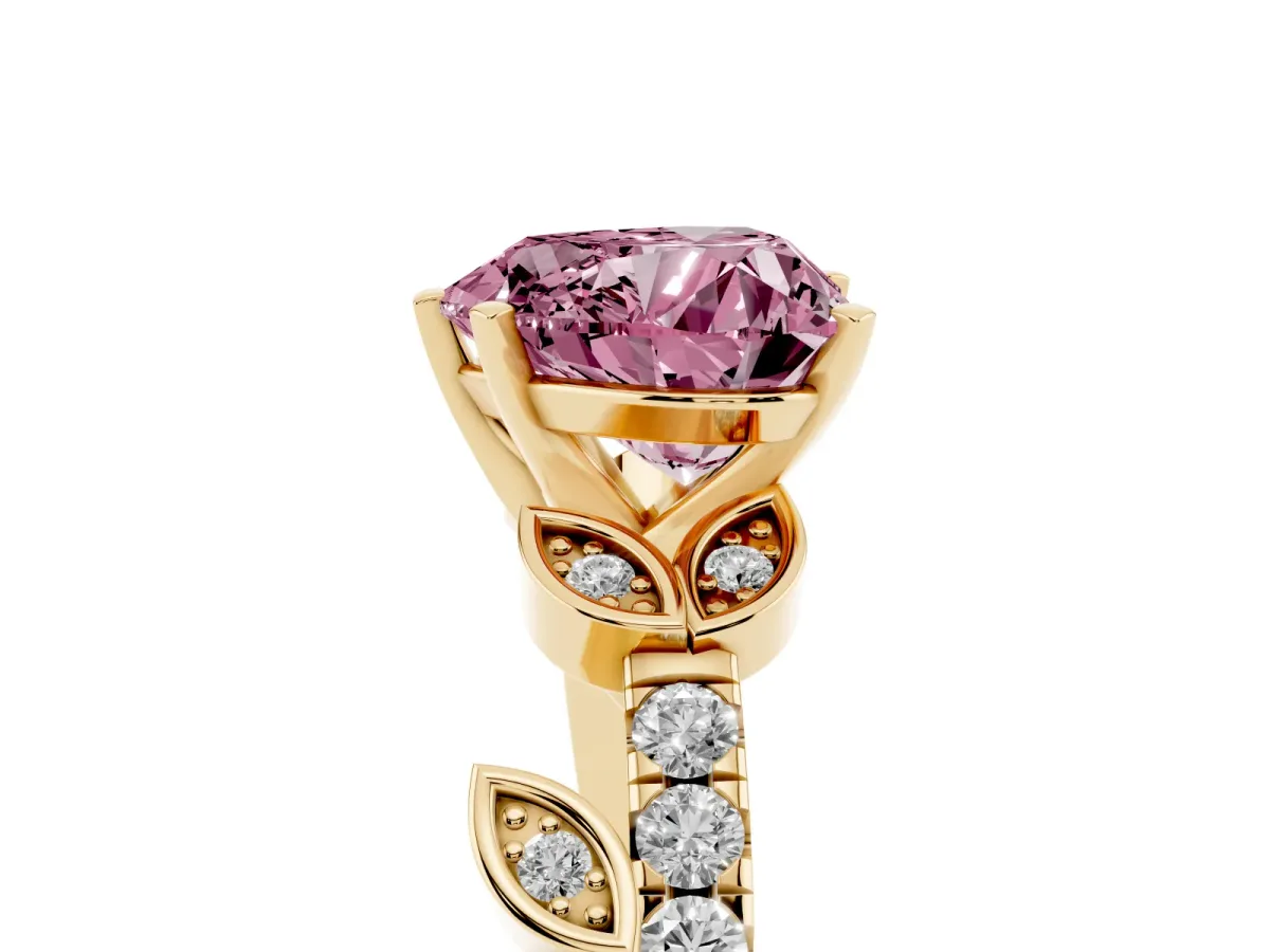 Fancy Pink Heart Cut Solitaire Leaf-Inspired Diamond Ring with Pavé Band and Four-Prong Setting Yellow gold