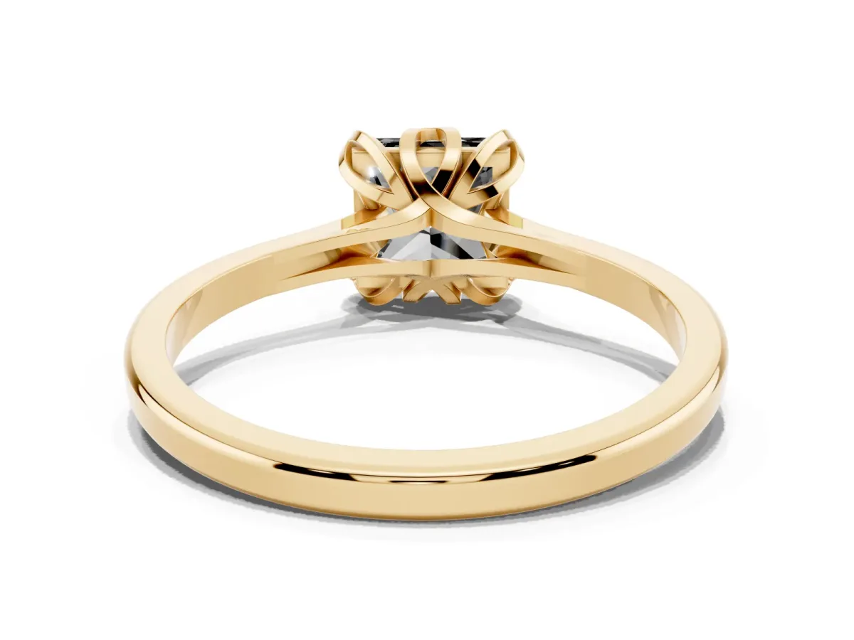 Fancy Black Princess Cut Diamond Solitaire Ring with Flower Prong Setting and Classic Band Yellow gold