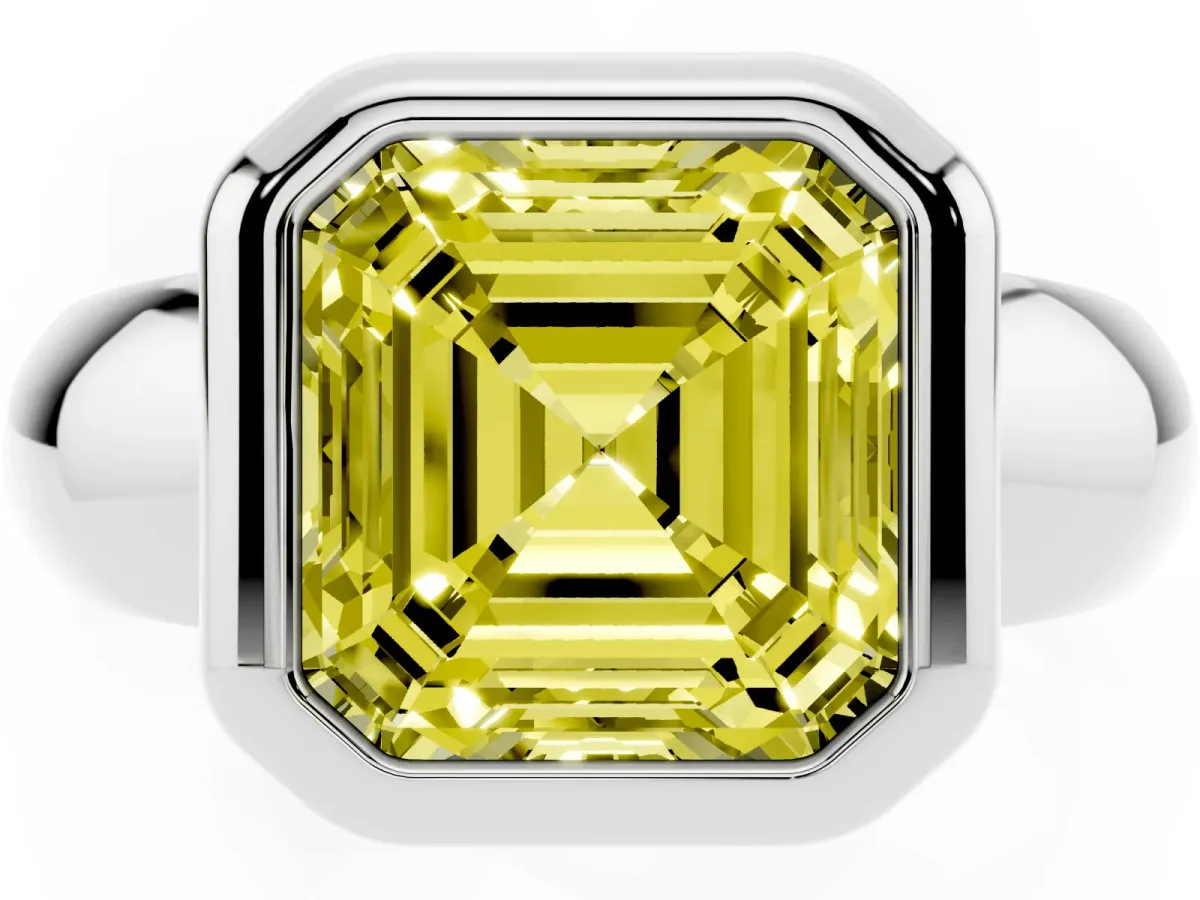 Fancy Yellow Bezel Set Asscher Cut Solitaire Ring with Wide Band Platinum