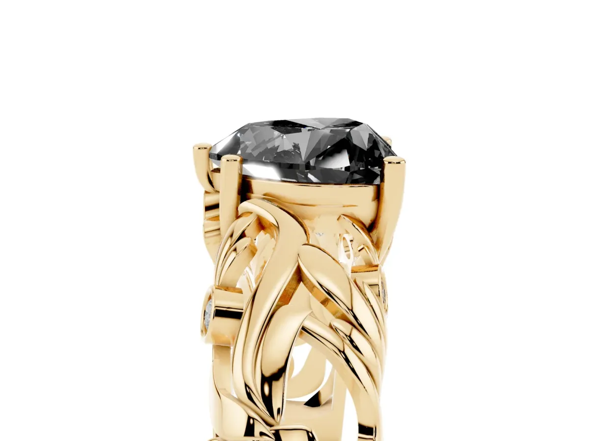 Fancy Black Heart Cut Solitaire Diamond Leaf-Inspired Vine Band Ring with Prong Setting Yellow gold