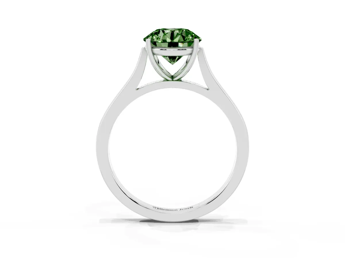 Fancy Green Round Cut Solitaire Heart Prong Engagement Ring with Tapered Band White gold