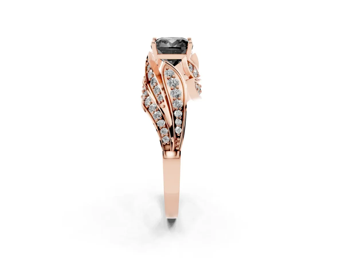 Fancy Black Cushion Cut Diamond Solitaire Ring with Prong Setting and Twisted Pavé Band Rose gold