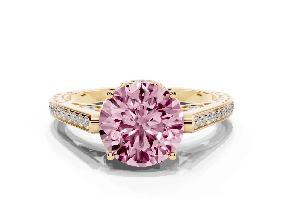 Fancy Pink Round Cut Cut Cathedral Pave Diamond Engagement Ring with Six-Prong Setting Yellow gold