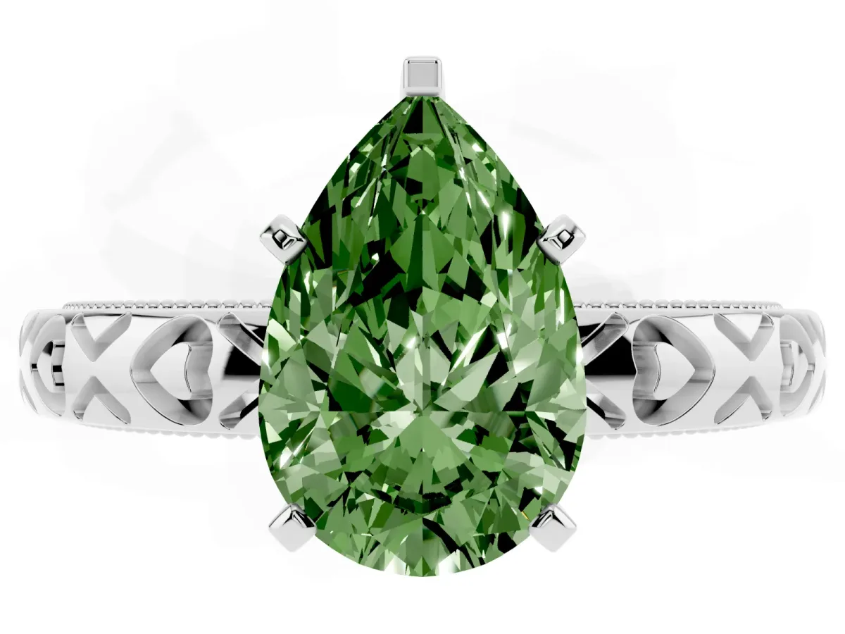 Fancy Green Pear Cut Solitaire Diamond Engagement Ring with XO Engraved Band and Four-Prong Setting Platinum