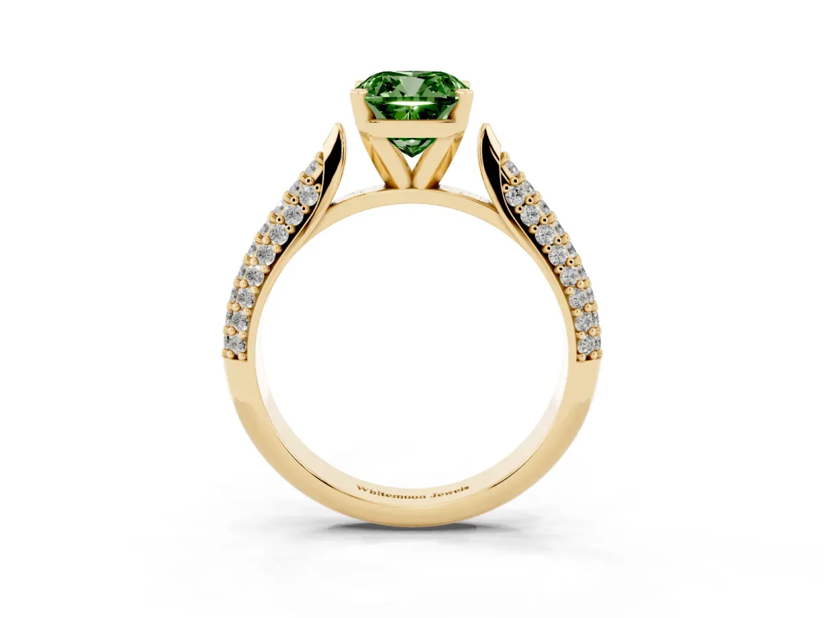 Fancy Green Cushion Cut Diamond Solitaire Engagement Ring with Multi-Row Round Pavé Band and Prong Setting Yellow gold