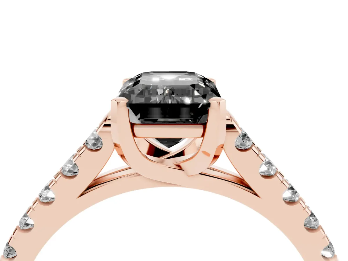 Fancy Black Emerald Cut Diamond Pavé Band Solitaire Ring with Prong Setting Rose gold