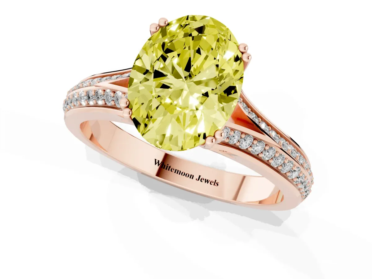 Fancy Yellow Oval Cut Diamond Split Shank Engagement Ring with Pavé Band Rose gold