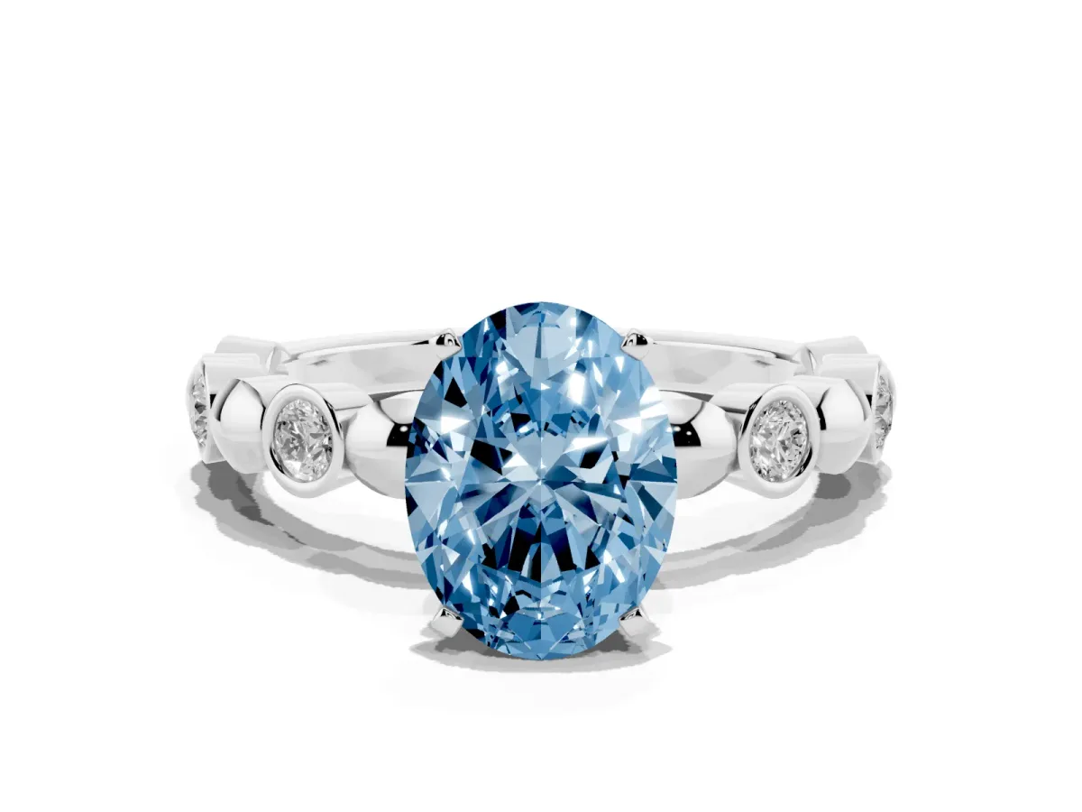 Fancy Blue Oval Cut Solitaire Bezel-Set Diamond Ring with Beaded Band and Four-Prong Setting Silver