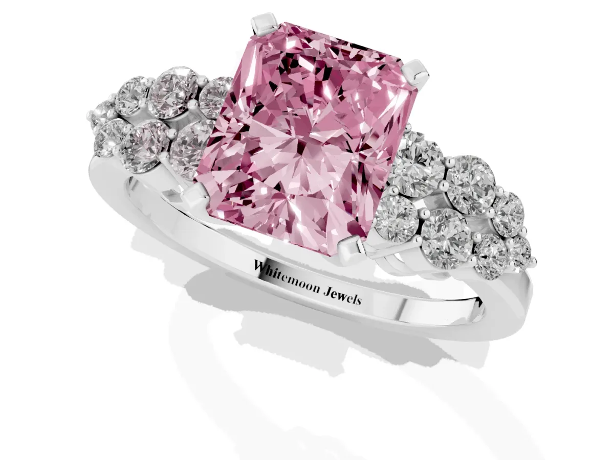 Fancy Pink Radiant Cut Cluster Diamond Engagement Ring with Pavé Band and Four-Prong Setting Silver