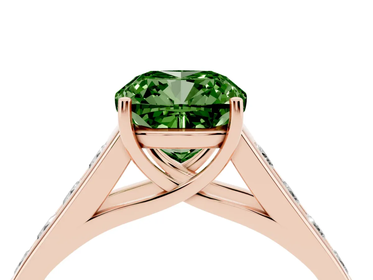 Fancy Green Cushion Cut Brilliant Channel-Set Solitaire Ring with Four-Prong Setting Rose gold