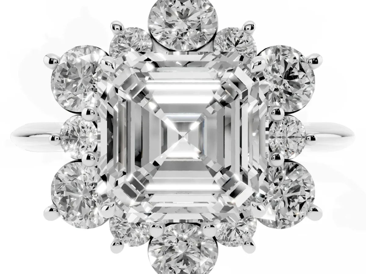 Asscher Cut Diamond Cluster Halo Ring with Solitaire Band and Four-Prong Setting Platinum