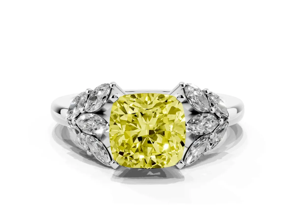Fancy Yellow Cushion Cut Diamond Cluster Leaf Design Ring with Prong Setting Silver