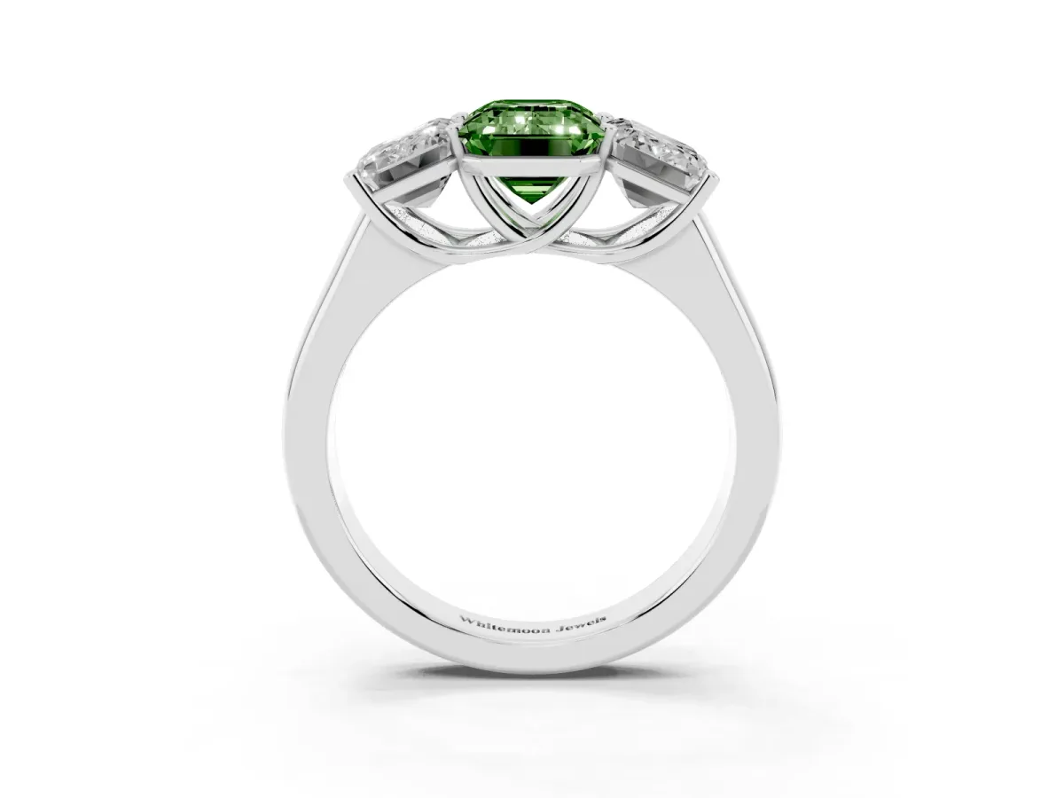Fancy Green Emerald Cut Three-Stone Diamond Ring with Prong Setting on a Classic Band Silver