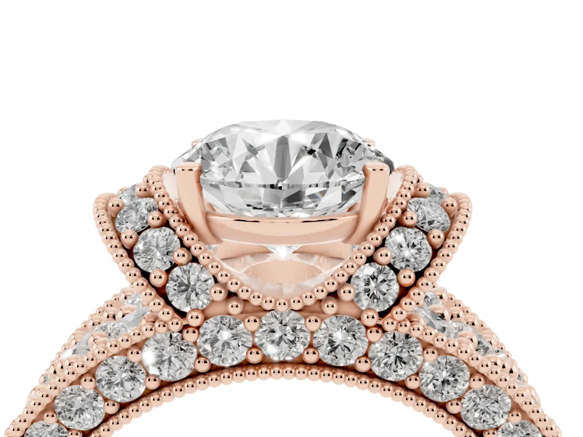 Round Cut Halo Pave Diamond Engagement Ring with Milgrain Detailing Rose gold