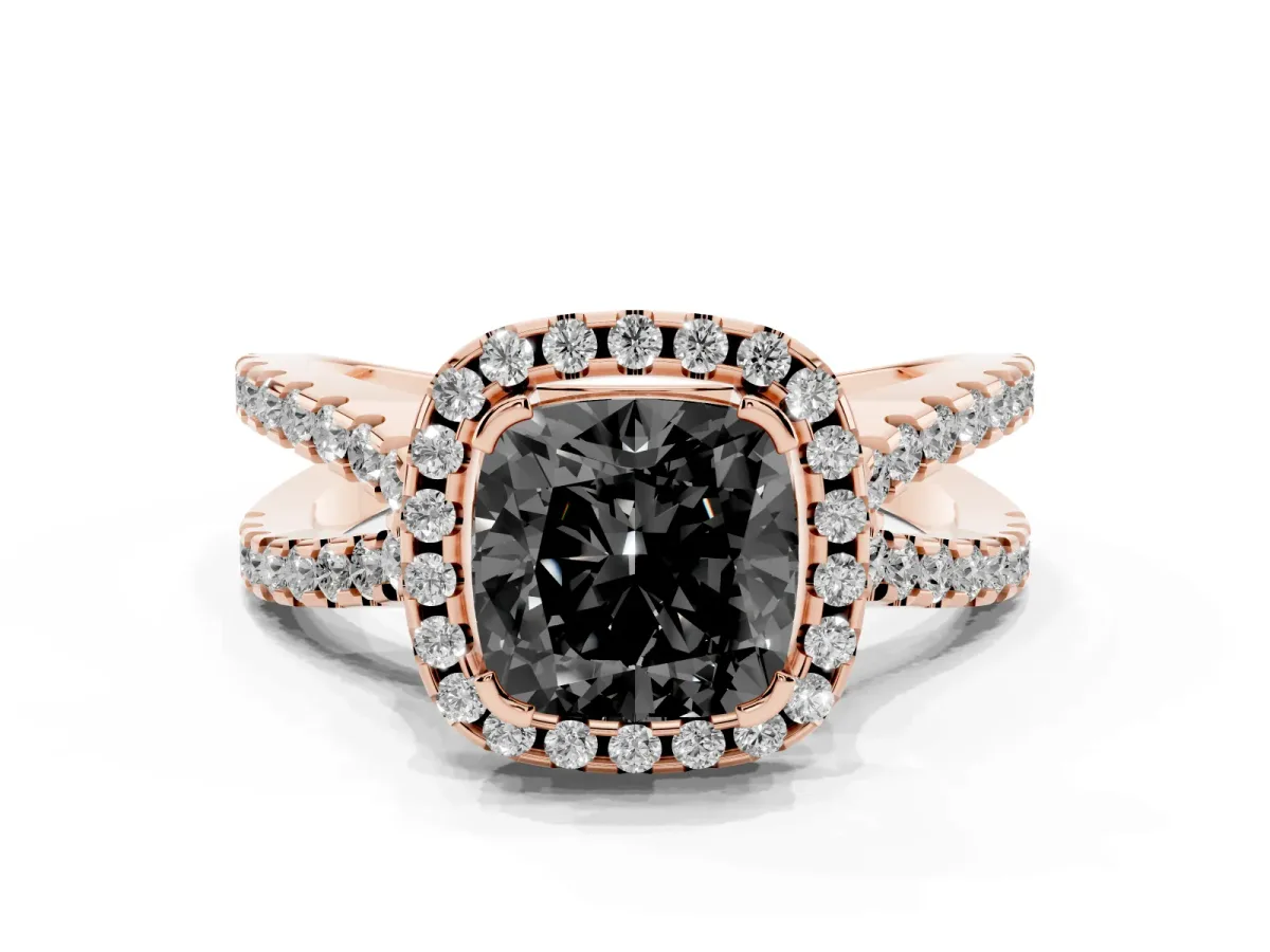 Fancy Black Cushion Cut Diamond Halo Ring with Split Shank Pavé Band and Prong Setting Rose gold